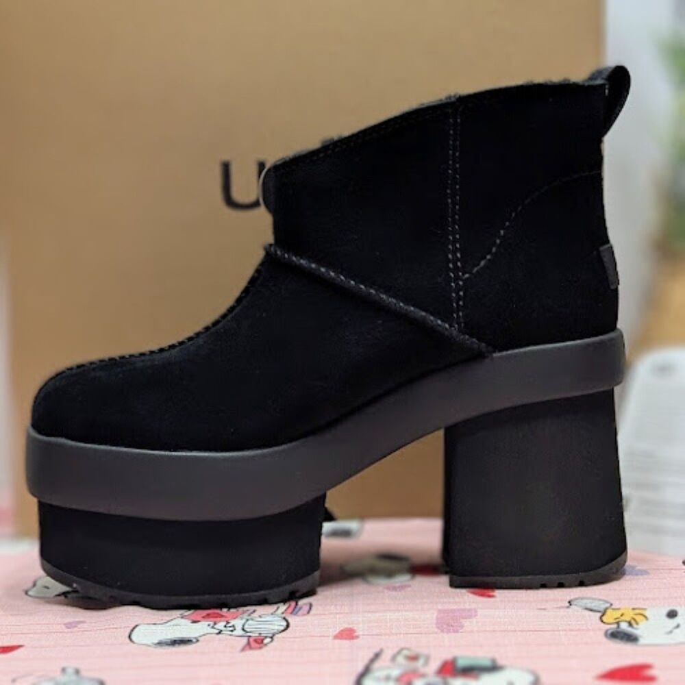 UGG Black Suede & Shearling New Heights Platform Mini Boots Women's Size 10 NIB - Picture 8 of 14